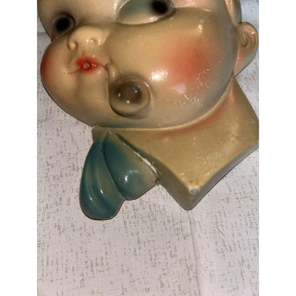 String Holder Chalk-ware Vintage. MCM , Kitschy Decor Little Boy With Pipe